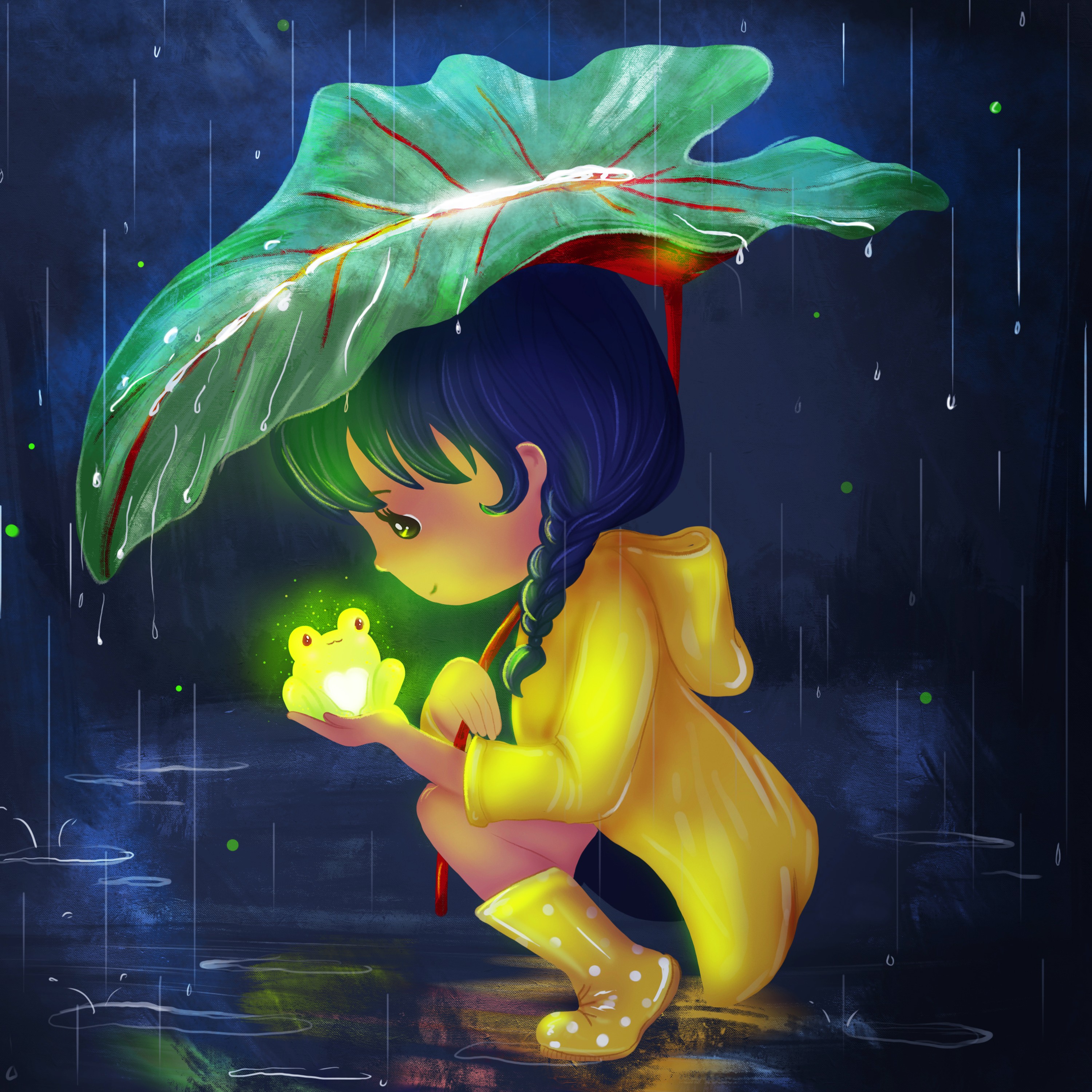 5D Diamond Painting picture girl with frog in the rain.